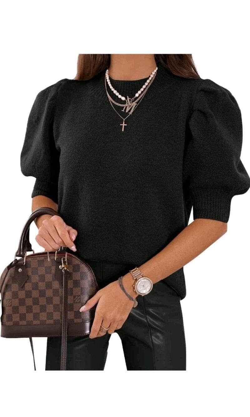 Women'S Puff Short Sleeve Sweater Tops Spring Summer Trendy Crew Neck Size S